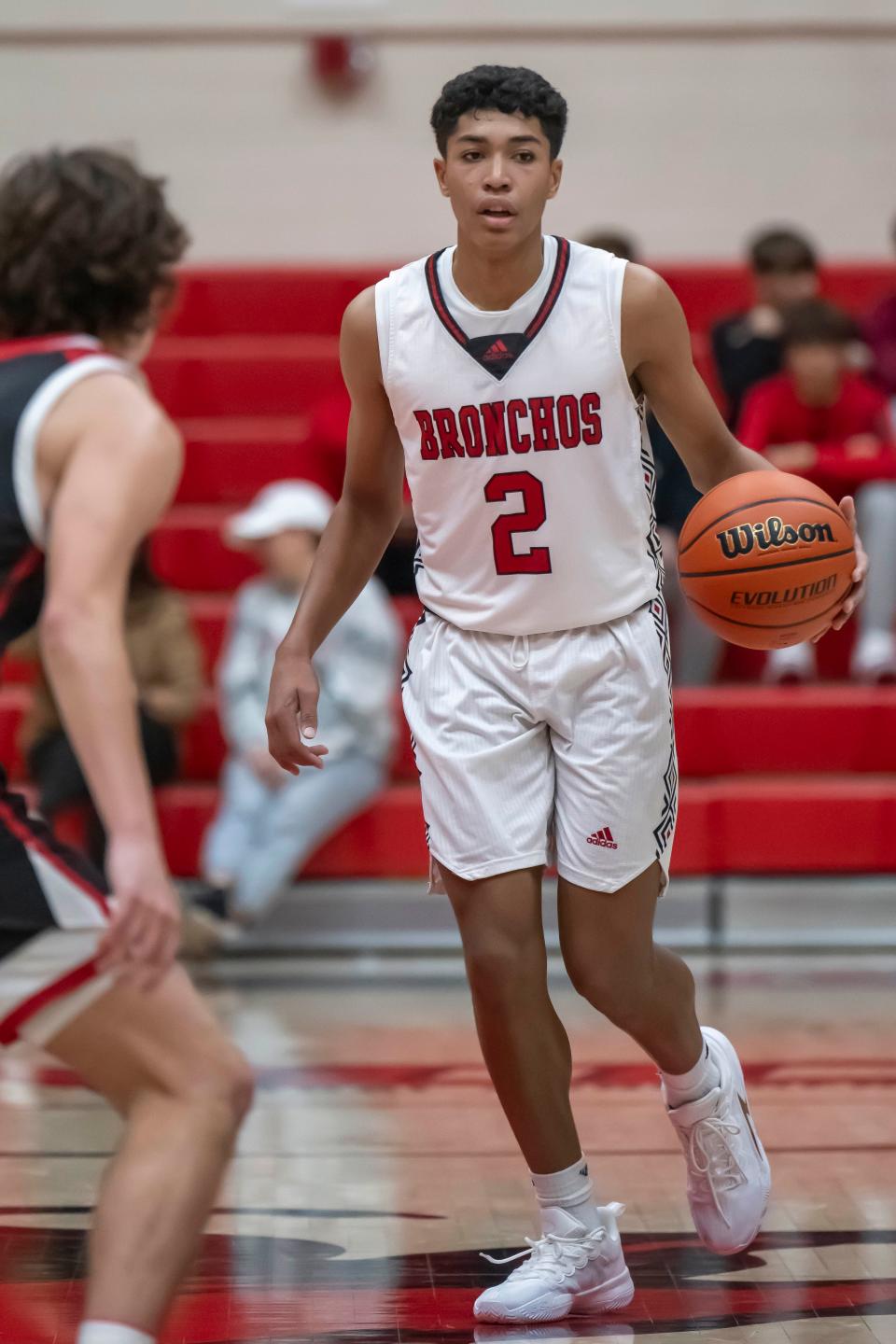 Lafayette Jefferson junior Alonzo Clawson-Smith (2) set up the offense during the IU Health Hoops Classic basketball 3rd place game, Lafayette Jefferson vs Rensselaer Central, Saturday, Dec. 2, 2023, at Crawley Center in Lafayette, Ind. Lafayette Jefferson won 66-28.