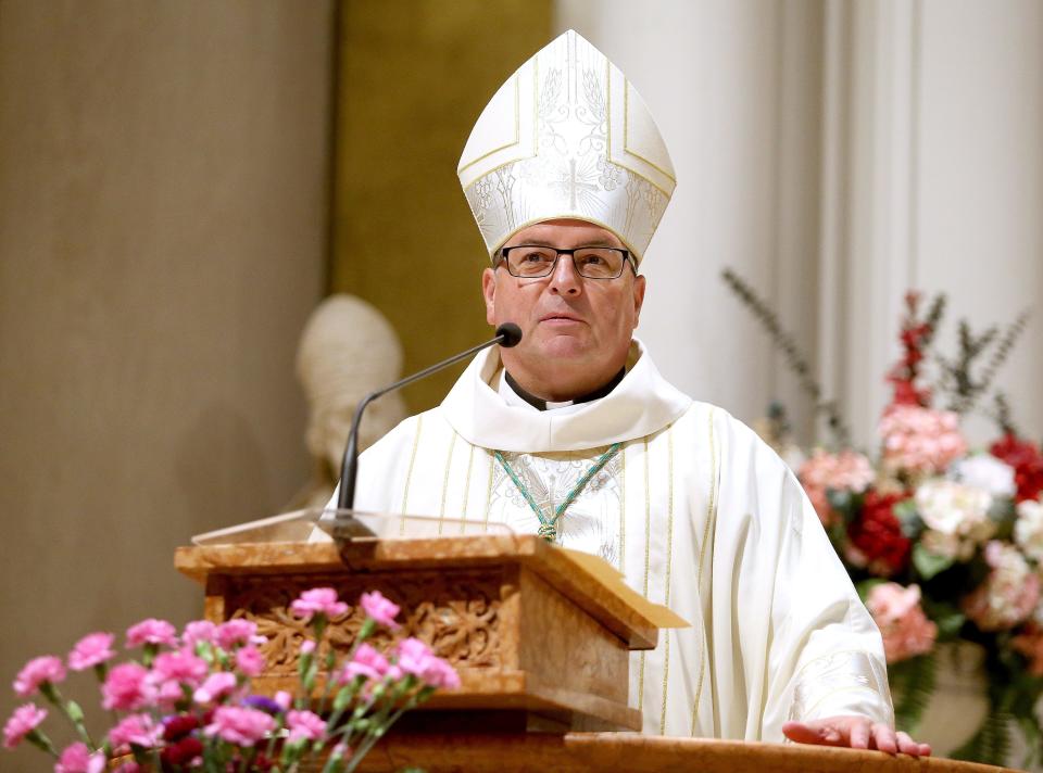 The Most Rev. David Bonnar, bishop of the Diocese of Youngstown, speaks at the Blue Mass held at St. Joseph Catholic Church in Canton.