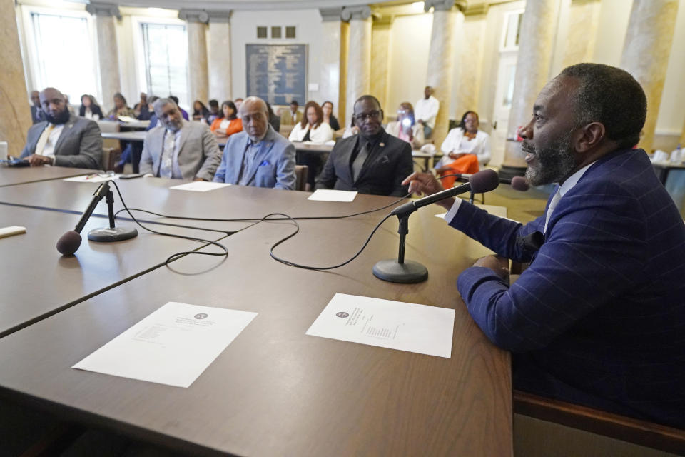 Former mayor of Magnolia, Miss., and himself a former felon, Anthony Witherspoon speaks at a hearing where a group of legislators were told about the difficulties that some former felons face in regaining their right to vote, Wednesday, April 17, 2024, at the Mississippi Capitol in Jackson. (AP Photo/Rogelio V. Solis)