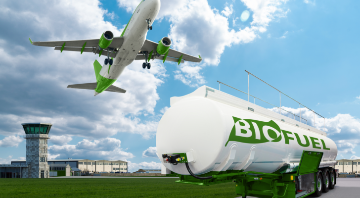 Airplane and biofuel tank trailer on the background of airport, GEVO renewable airplane fuel