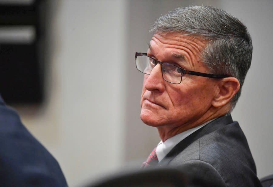 FILE – Former national security adviser to President Donald Trump, Michael Flynn, appears in court Nov. 15, 2022, in Sarasota, Fla., to try to quash an order to appear before a Georgia special purpose grand jury investigating attempts to overturn the 2020 Presidential election. (Mike Lang/Sarasota Herald-Tribune via AP, Pool, File)