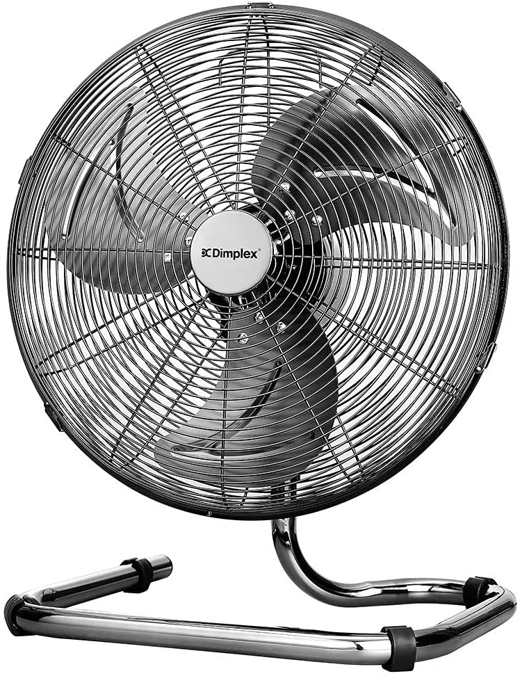 The large silver metal Dimplex 40cm High Velocity Oscillating Floor Fan sits on a metal stand.