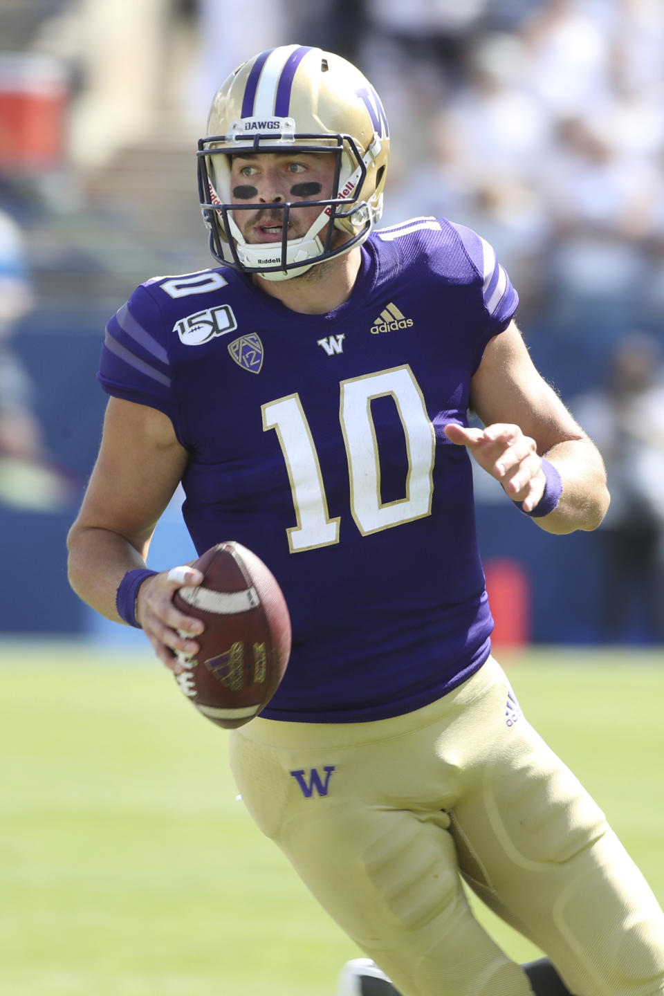 Washington quarterback Jacob Eason (10) looks to pass the ball during the first half of an NCAA college football game against BYU, Saturday, Sept. 21, 2019, in Provo, Utah. (AP Photo/George Frey)