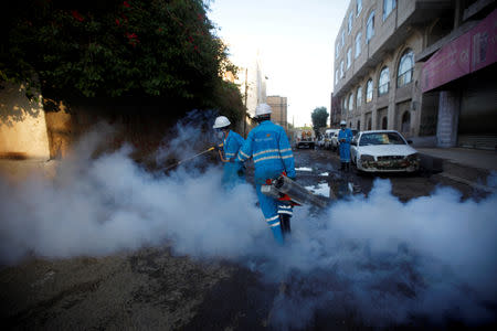 Public health workers spray insecticide amid fears of a new cholera outbreak in Sanaa, Yemen June 7, 2018. REUTERS/Mohamed al-Sayaghi/Files