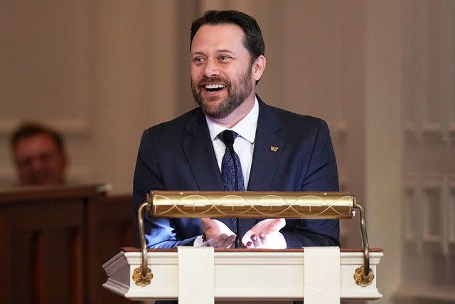 <p>Brynn Anderson/POOL/AFP/Getty</p> Jason Carter speaks during a tribute service for his late grandmother, former first lady Rosalynn Carter, on Nov. 28, 2023