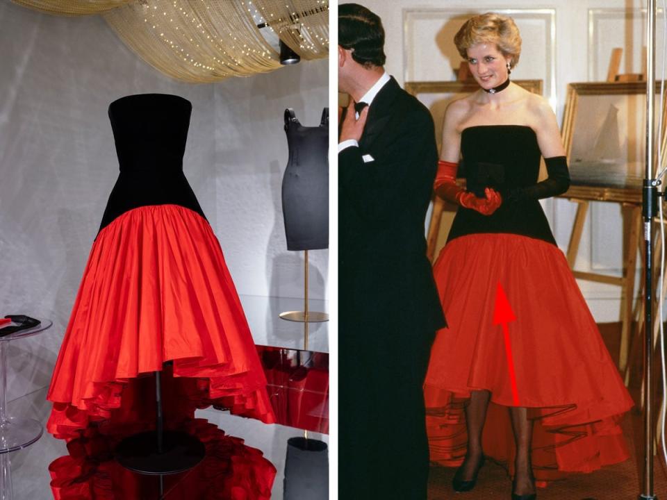 Princess Diana's red and black "flamenco-inspired" dress in on display at the Las Vegas exhibition dedicated to her memory, left. The royal wearing the gown during a royal engagement.