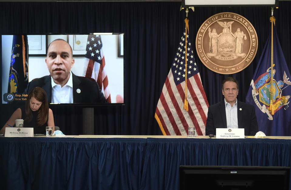 New York Gov. Andrew Cuomo briefs the media during a coronavirus news conference at his office in New York City, Saturday, May 9, 2020. (John Roca/New York Post via AP, Pool)