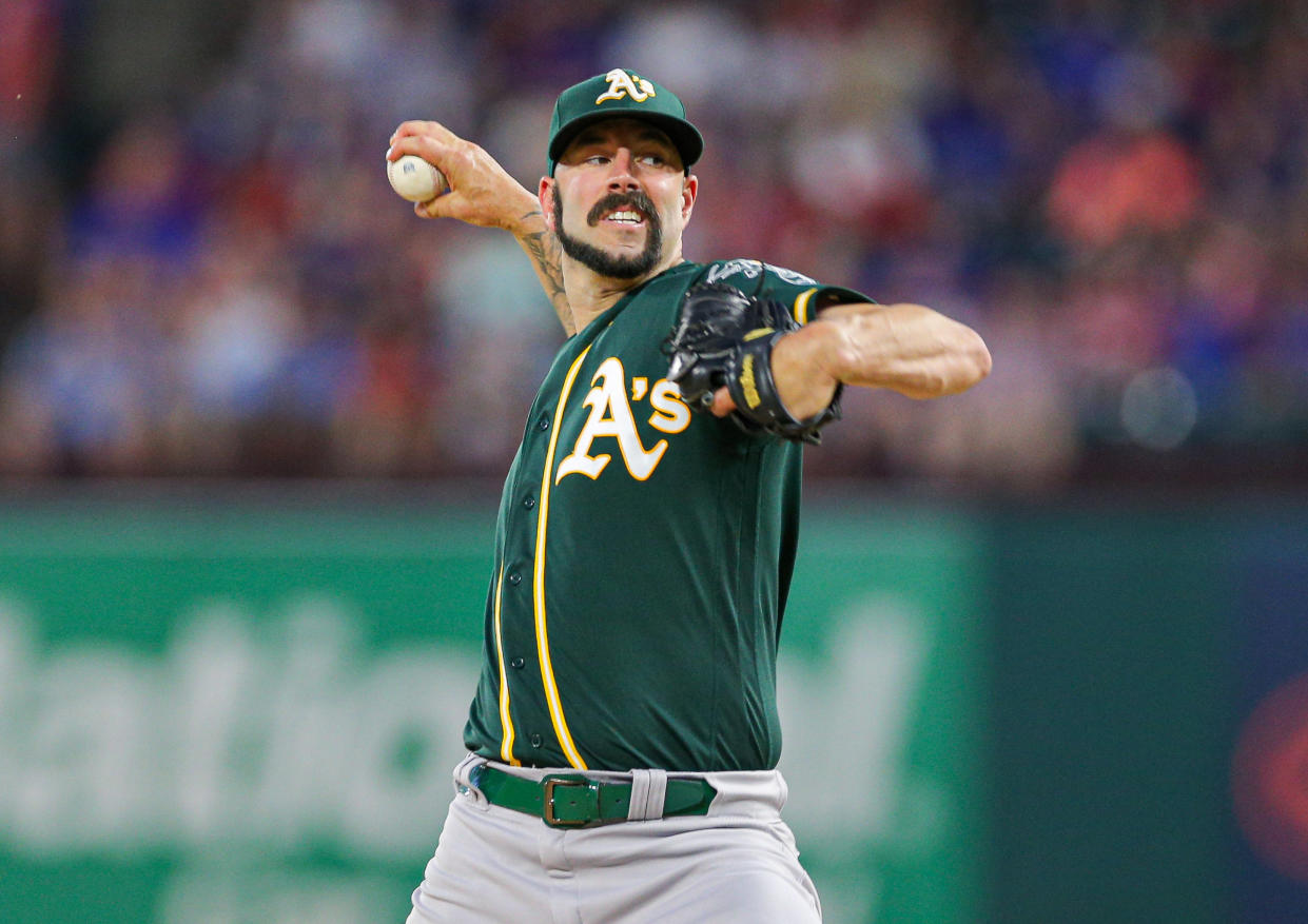 Sep 14, 2019; Arlington, TX, USA; Oakland Athletics starting pitcher Mike Fiers (50) throws against the Texas Rangers at Globe Life Park in Arlington. Mandatory Credit: Andrew Dieb-USA TODAY Sports