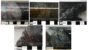 Visible Gold in holes OB-21-279, OB-22-297, OB-22-298 and OB-22-299