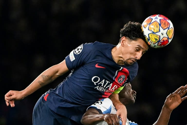 Le défenseur brésilien du PSG Marquinhos contre la Real Sociedad en Ligue des champions au Parc des Princes, le 14 février 2024 (MIGUEL MEDINA)