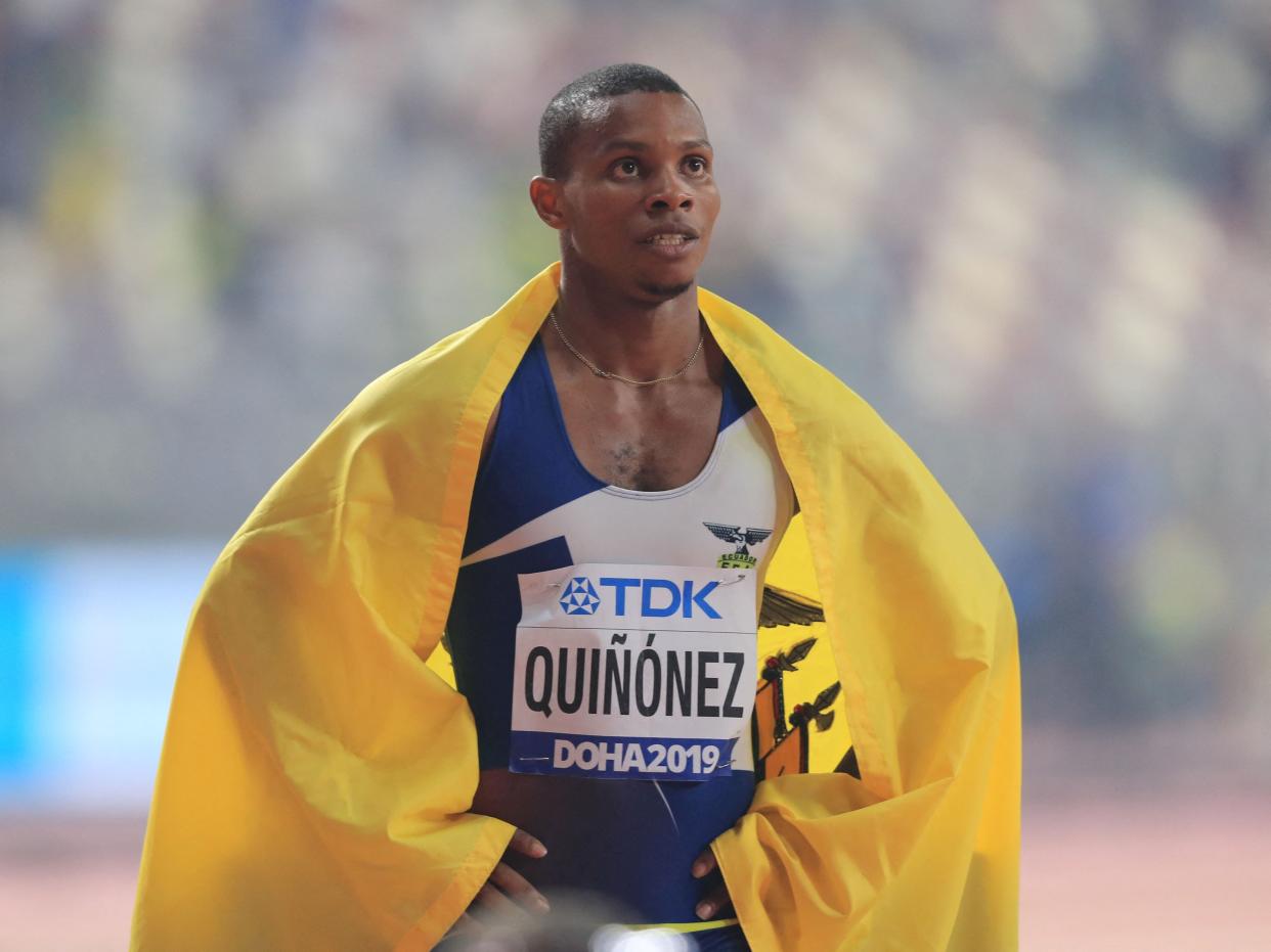 In this file photo taken on Oct. 1, 2019 Ecuador's Alex Quinonez celebrates after taking bronze in the Men's 200m final at the 2019 IAAF Athletics World Championships at the Khalifa International stadium in Doha, Qatar.