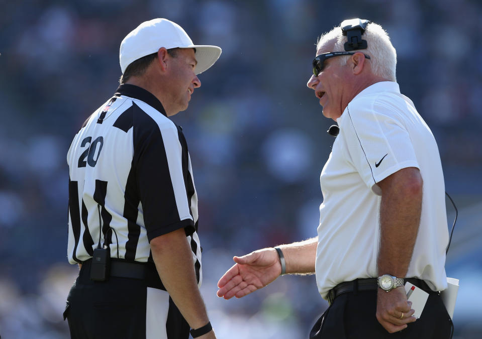 SAN DIEGO, CA - SEPTEMBER 23: Atlanta Falcons head coach Mike Smith talks with replacement referee Jim Core during the fourth quarter against the San Diego Chargers at Qualcomm Stadium on September 23, 2012 in San Diego, California. The Falcons defeated the Chargers 27-3. (Photo by Jeff Gross/Getty Images)