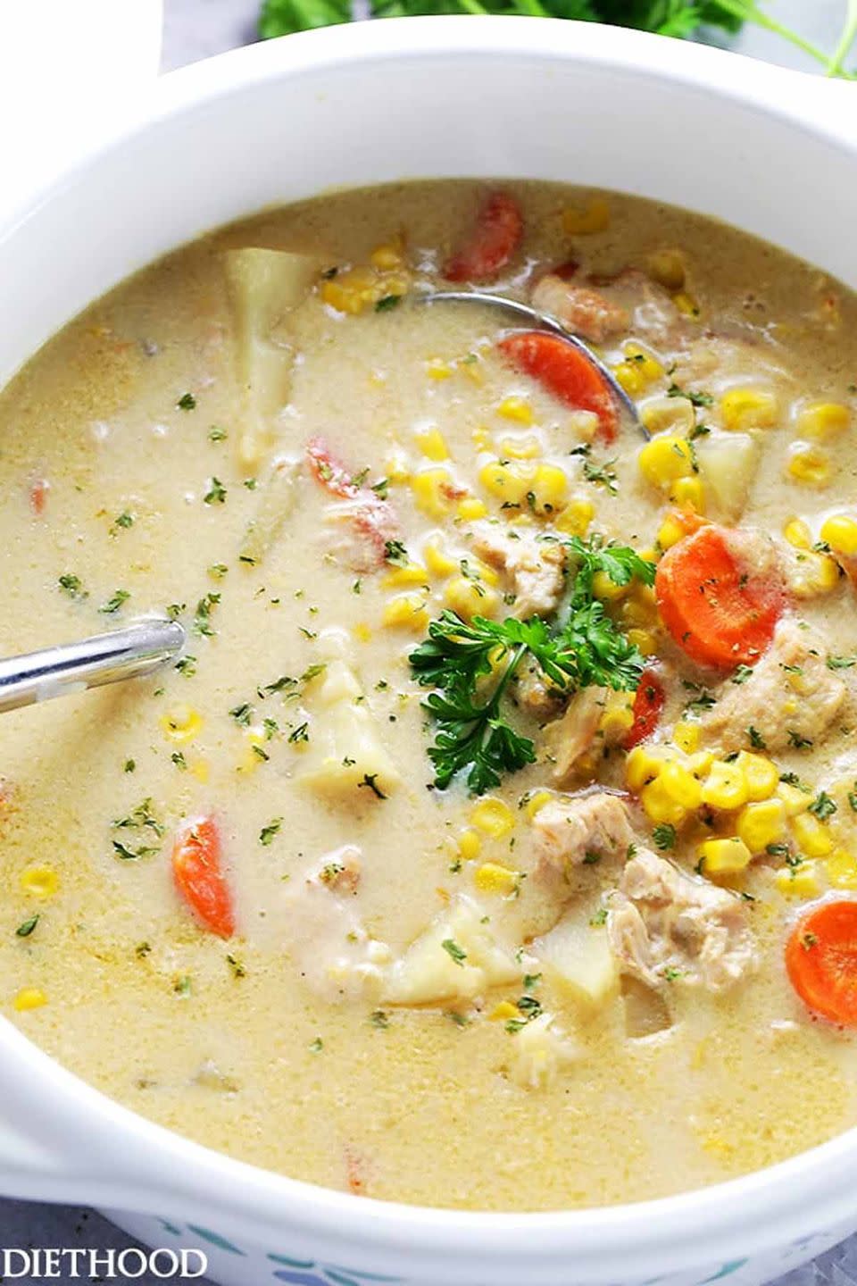 <p>This rich and creamy soup recipe is the best way to use up turkey, corn, and any other surplus veggies that may be taking up space in your fridge.</p><p><strong>Get the recipe at <a href="http://diethood.com/turkey-corn-chowder/" rel="nofollow noopener" target="_blank" data-ylk="slk:Diethood;elm:context_link;itc:0;sec:content-canvas" class="link ">Diethood</a>. </strong></p><p><strong>Tools you'll need:</strong> <em>$46, Zelancio Cast Iron Dutch Oven, </em><a href="https://www.amazon.com/dp/B01M366JG2/?tag=syn-yahoo-20&ascsubtag=%5Bartid%7C10070.g.1986%5Bsrc%7Cyahoo-us" rel="nofollow noopener" target="_blank" data-ylk="slk:amazon.com;elm:context_link;itc:0;sec:content-canvas" class="link ">amazon.com</a><br></p>