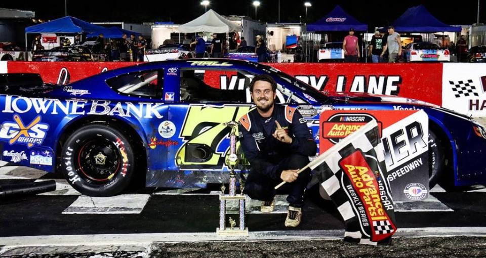 Connor Hall in Victory Lane during one of his 14 victories at Langley Speedway during the 2023 NASCAR Advance Auto Parts Weekly Series season.