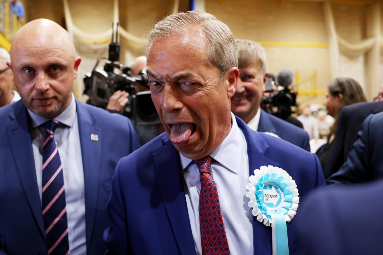 Nigel Farage reacts after winning the Clacton and Harwich constituency. (Getty Images)