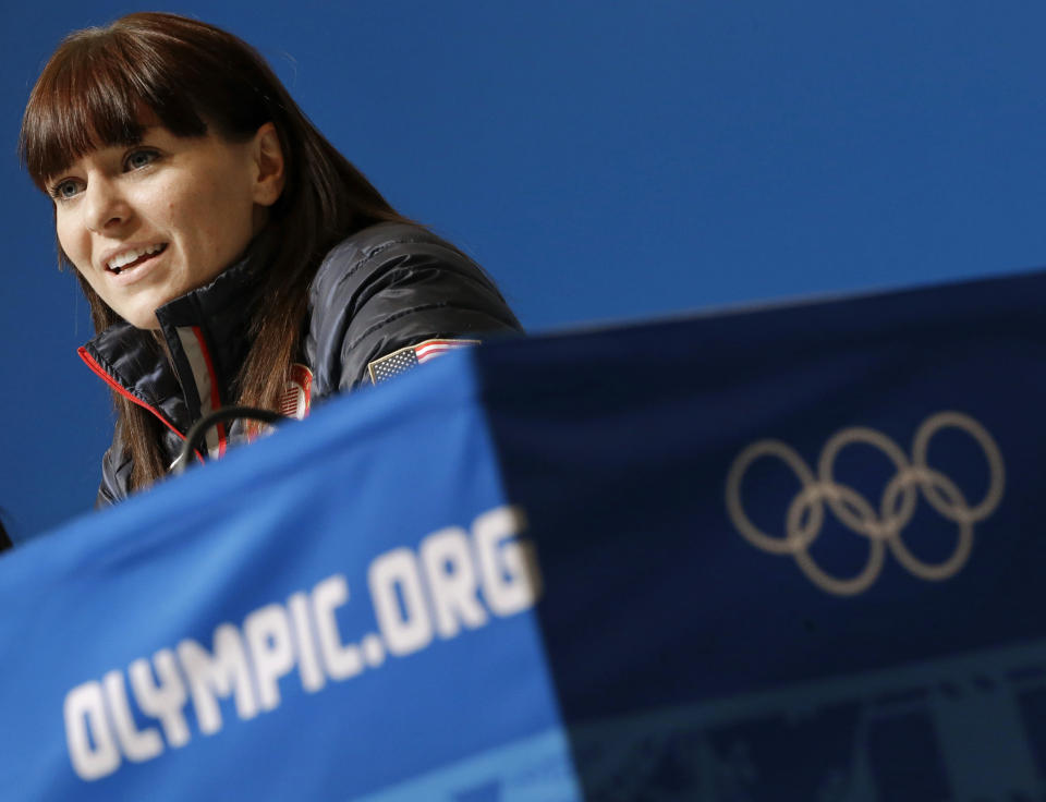 US speedskater Heather Richardson speaks during a 2014 Winter Olympics news conference, Thursday, Feb. 6, 2014, in Sochi, Russia. (AP Photo/Patrick Semansky)