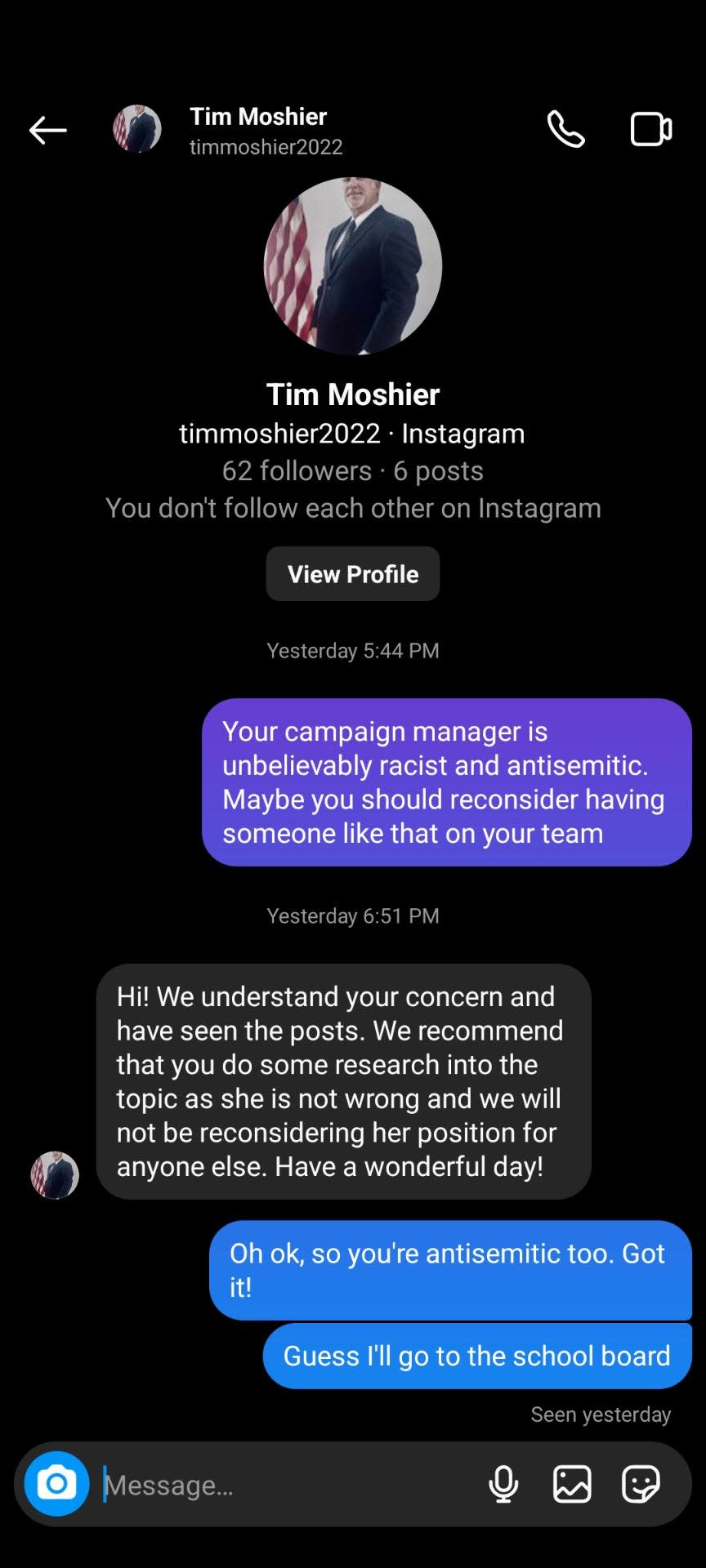 Tim Moshier's Instagram account responds to criticism via Instagram messenger.