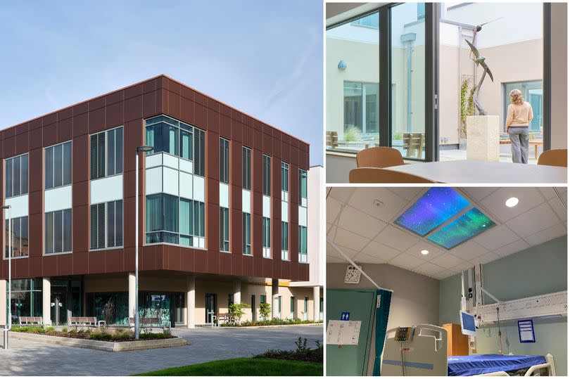 The Dyson Cancer Centre with (top inset) Swifts’ by Hamish Mackie, Courtyard off the inpatient ward and (bottom inset) a screen above a bed on a ward