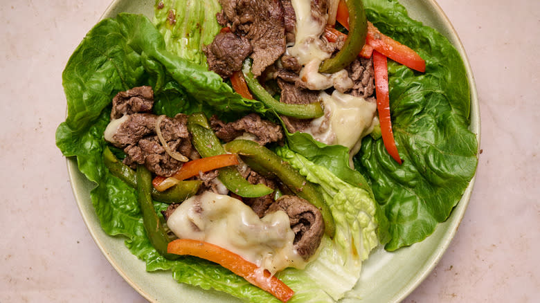 philly cheesesteak lettuce wraps on plate