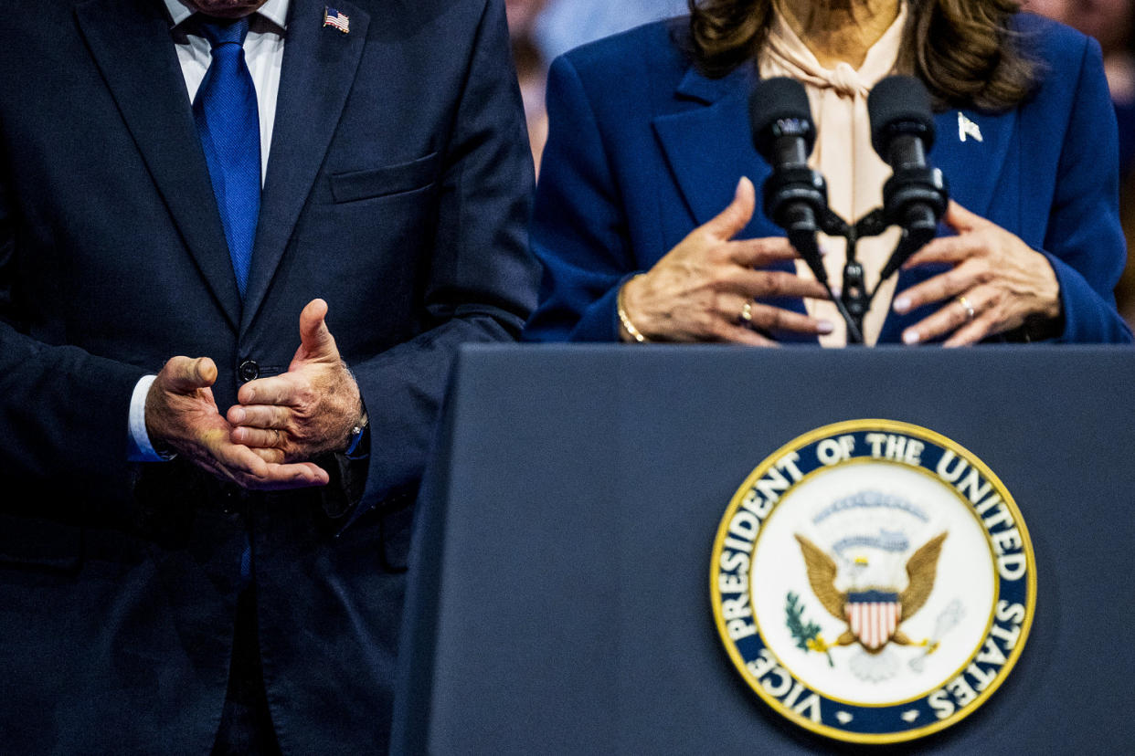 Vice President Kamala Harris speaks as Minnesota Governor Tim Walz gestures (Pete Kiehart for NBC News)