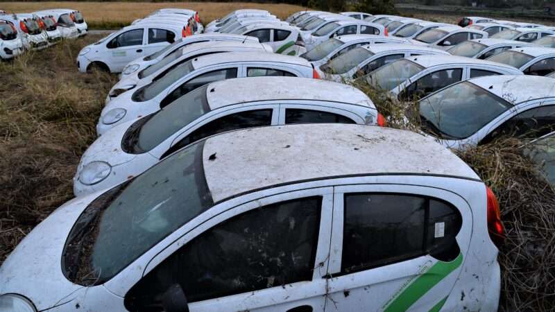 A field full of abandoned electric vehicles in China's Zhejiang province, in November 2019.