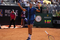 Chile's Alejandro Tabilo celebrates after winning a match agains Serbia's Novak Djokovic at the Italian Open tennis tournament in Rome, Sunday, May 12, 2024. (AP Photo/Alessandra Tarantino)