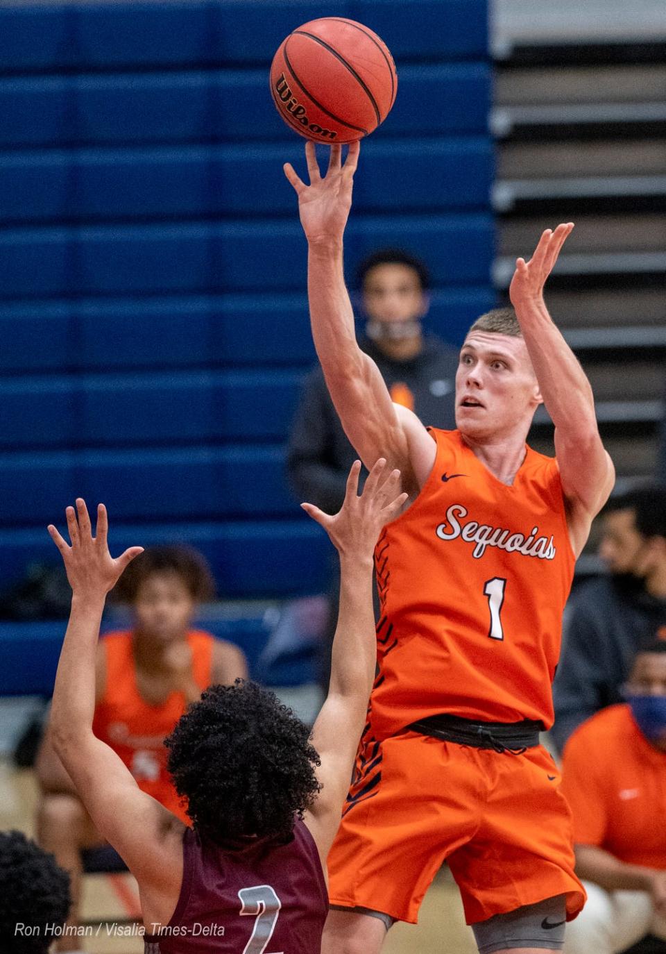 College of the Sequoias' Ryan Johnson shoots against Antelope Valley College in mens basketball on Friday, March 12, 2021.