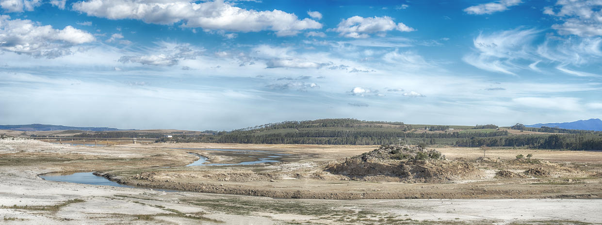 Cape Town is experiencing severe drought the main dam at Theewaterskloof is only at 10% capacity, on April 03, 2018 in Cape Town, South Africa. Diminishing water supplies may lead to the taps being turned off for the four millions inhabitants of Cape Town on April 12 2018, known locally as Day Zero. Water will be restricted from 87 litres per day to 50 litres as temperatures reach 28 degrees later this week.  Politicians are blaming each other and residents for the deepening crisis.