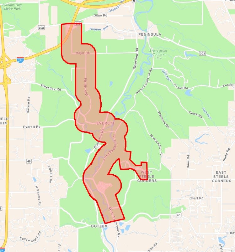 The city of Akron released this map Oct. 8 to show the areas impacted by lose of service and water pressure due to an early morning water main break.