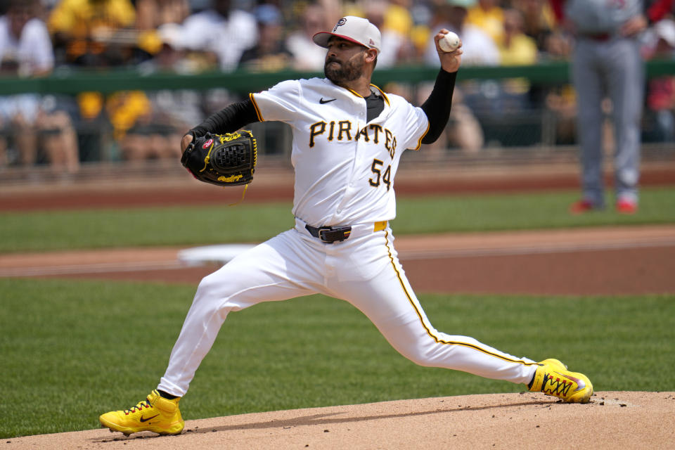 Pittsburgh Pirates starting pitcher Martín Pérez delivers during the first inning of a baseball game against the St. Louis Cardinals in Pittsburgh, Thursday, July 4, 2024. (AP Photo/Gene J. Puskar)