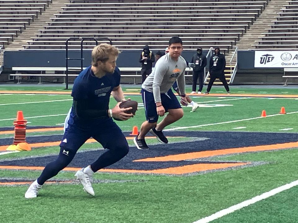 Former UTEP quarterback Gavin Hardison competes in a drill during pro day in March.
