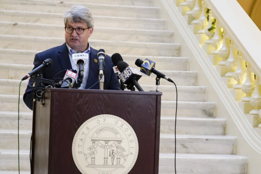 Gabriel Sterling a top Georgia elections official speaks on Monday, Nov. 30, 2020, during a news conference, in Atlanta. On Tuesday Dec. 1, 2020, Sterling called on President Donald Trump to condemn supporters who have threatened violence against election officials. (AP Photo/Brynn Anderson)