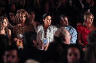 NEW YORK, NY - SEPTEMBER 12: (L-R) Actress Sarah Hyland, model Tyra Banks, television personality Kim Kardashian, vocalist Kanye West and actress Stacy Keibler attend the Marchesa spring 2013 fashion show during Mercedes-Benz Fashion Week at Vanderbilt Hall at Grand Central Terminal on September 12, 2012 in New York City. (Photo by Chelsea Lauren/Getty Images)