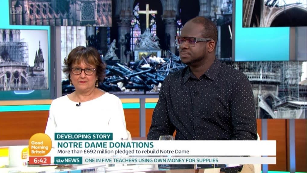 Twitter users sided with Edward Adoo, as opposed to Yasmin Alibhai-Brown (right) in regards to the money raised recently to restore Notre-Dame Cathedral (ITV)