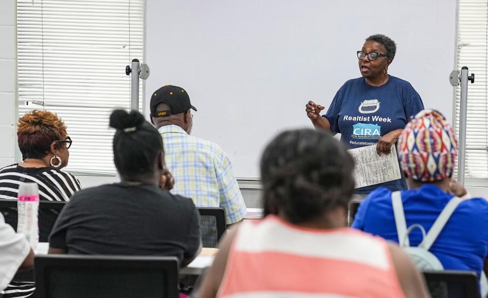 Delores Kennedy with CIRA leads a class Wednesday, July 19, 2023, during a monthly workshop of first time home buyers at Fay Biccard Glick Neighborhood Center in Indianapolis.