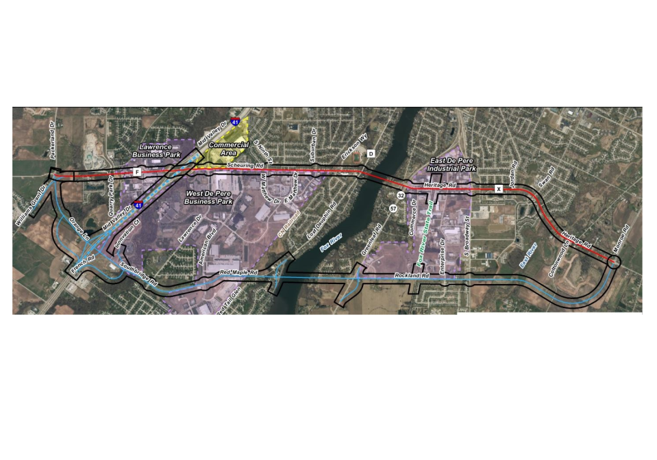 A map highlights in blue the route federal and state officials have signed off on for development of Brown County's South Bridge Connector. The route will run from Packerland Drive east along Orange Lane, cross Interstate 41, follow Southbridge and Red Maple roads, cross the Fox River and follow Rockland Road east to Monroe Road.