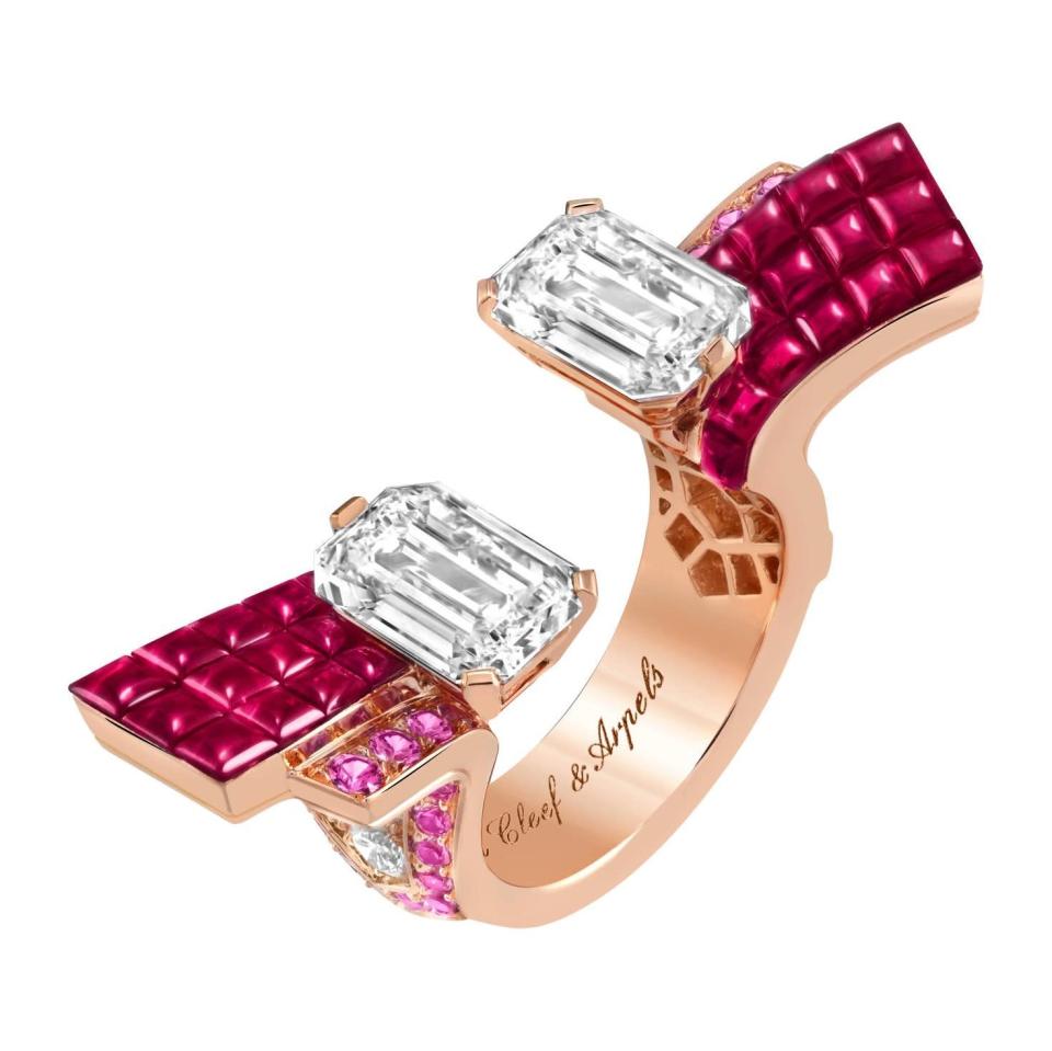 Featuring diamonds, rubies and pink sapphires; set in 18-carat rose gold. Price upon request. Available at select Van Cleef & Arpels boutiques. 877-VAN-CLEEF, <a href="https://cna.st/affiliate-link/29WcPCBE5Fdp9MCGB8MGt36yuVu4u4zuLSfxWxgqK131E4uPCAccskf3Bj4e3Vj82aCrembjzH6upDLsqBo9yYEnQNTR8kU26sLHnsM?cid=62e188c16b80b782cb79d56d" rel="sponsored noopener" target="_blank" data-ylk="slk:www.vancleefarpels.com" class="link ">www.vancleefarpels.com</a>