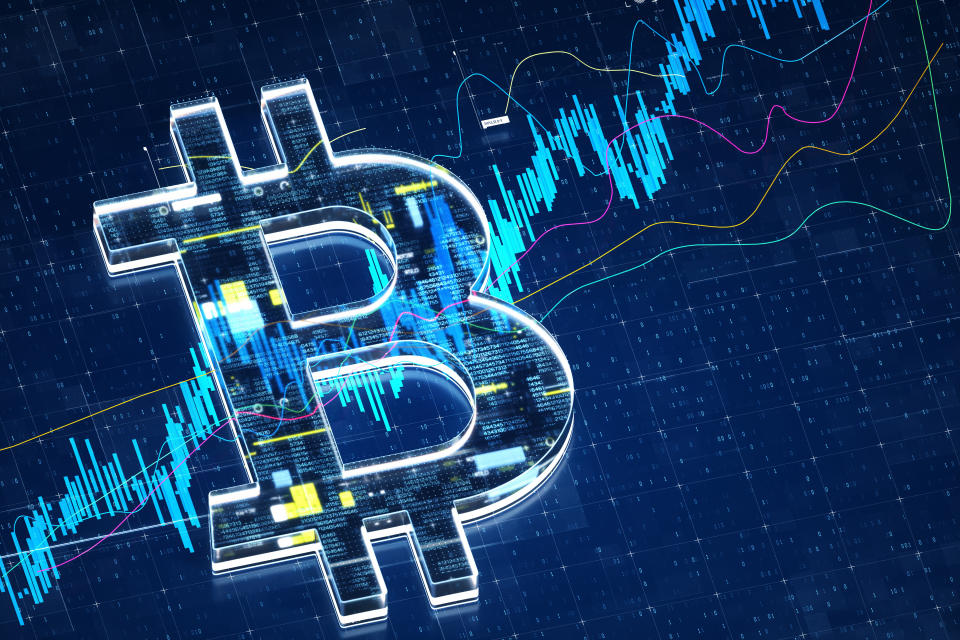 Digital generated image of Bitcoin sign stock market data on blue background.