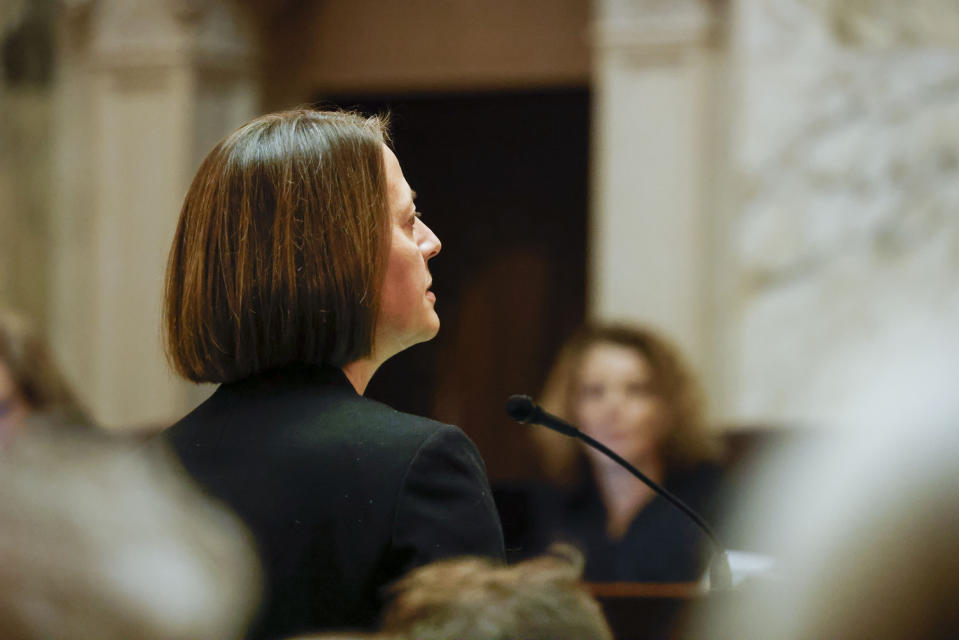 Tamara B. Packard stands before the Wisconsin Supreme Court during a redistricting hearing at the Wisconsin state Capitol Building in Madison, Wis., on Tuesday, Nov. 21, 2023. (Ruthie Hauge/The Capital Times via AP, Pool)