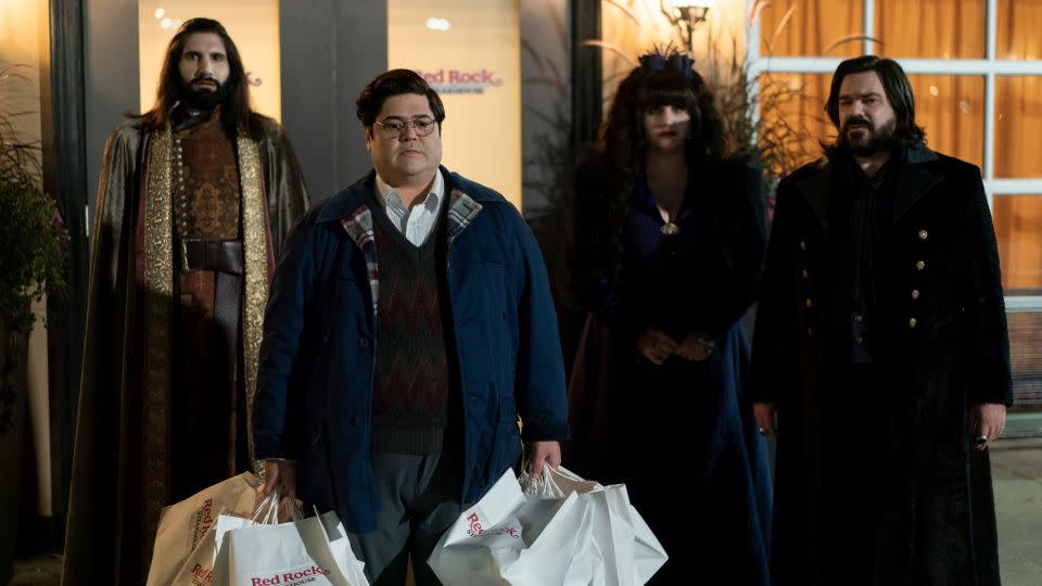 (from left) Kayvan Novak, Harvey Guillén, Natasia Demetriou and Matt Berry in "What We Do in the Shadows." - Russ Martin/FX