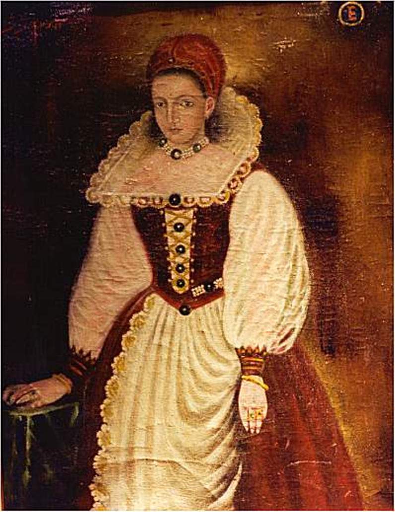 A portrait of Elizabeth Báthory, with a very large collar and poofy dress.