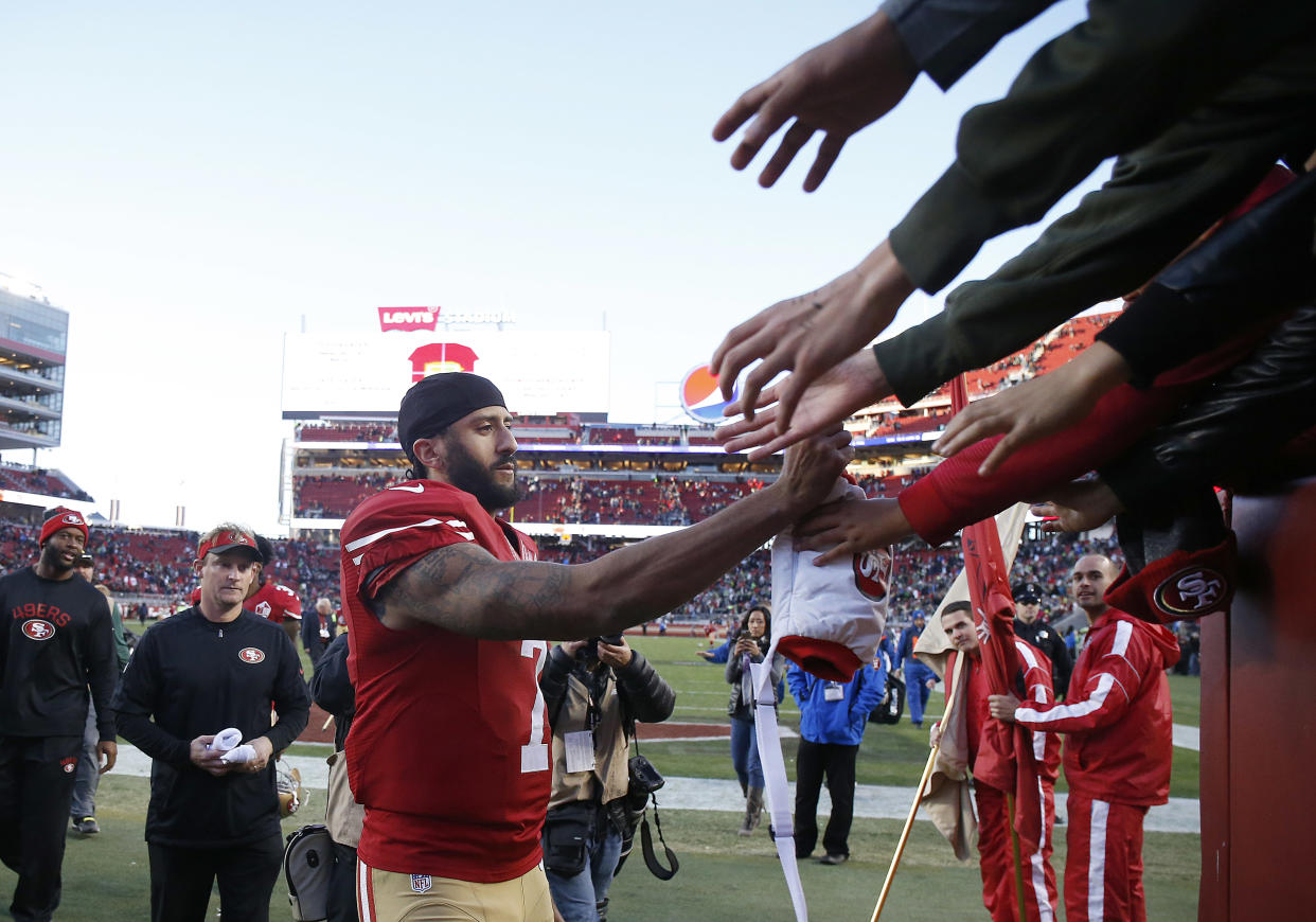 Colin Kaepernick is accusing the NFL and its team owners of blackballing him from the league due to his 2016 protests. (AP) 