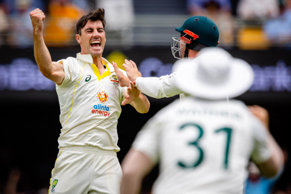 Pat Cummins, pictured here celebrating after dismissing Dean Elgar in the first Test between Australia and South Africa.