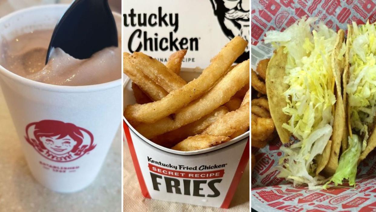 Sides from popular fast food chains, including Wendy's Frosty, KFC fries, and Jack in the Box tacos