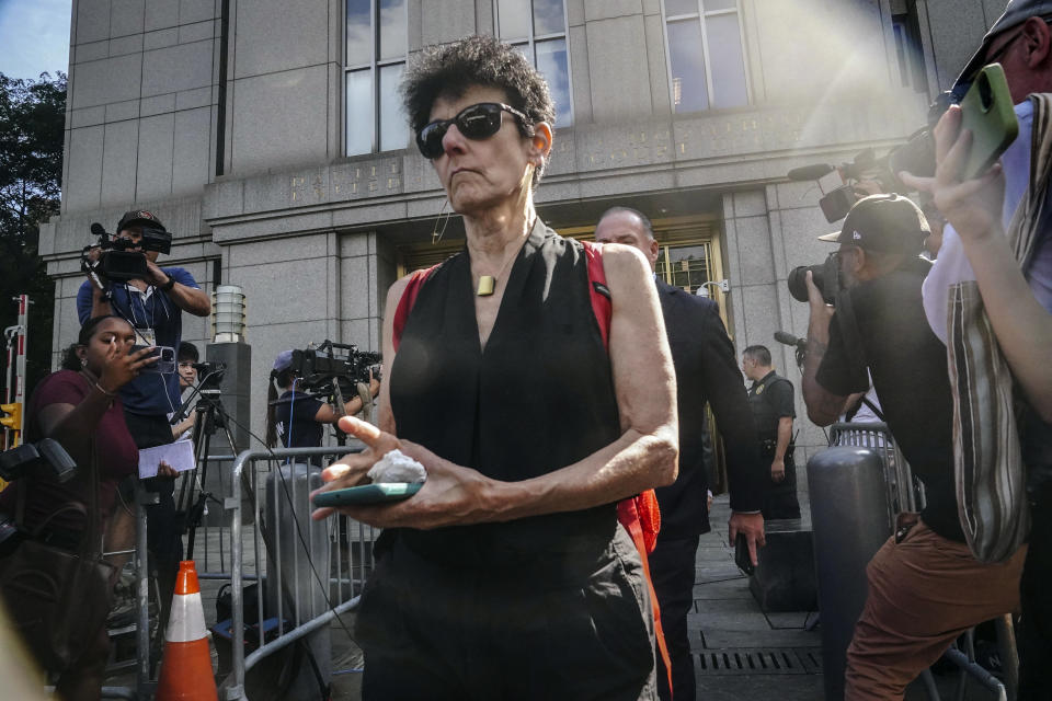 Barbara Fried leaves Manhattan federal court after her son FTX founder Sam Bankman-Fried had his bail revoked for witness tampering in his fraud case, Friday, Aug. 11, 2023, in New York. (AP Photo/Bebeto Matthews)
