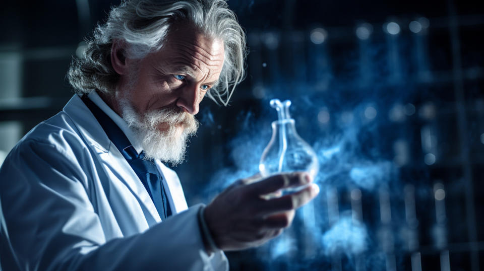 A scientist in a lab coat, holding a beaker of a biopharmaceutical creation.