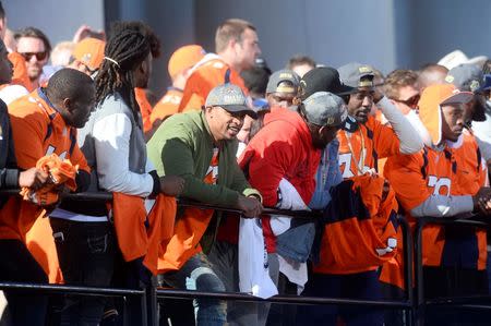 Feb 9, 2016; Denver, CO, USA; Denver Broncos players celebrate during the Super Bowl 50 championship parade at Civic Center Park. Mandatory Credit: Ron Chenoy-USA TODAY Sports