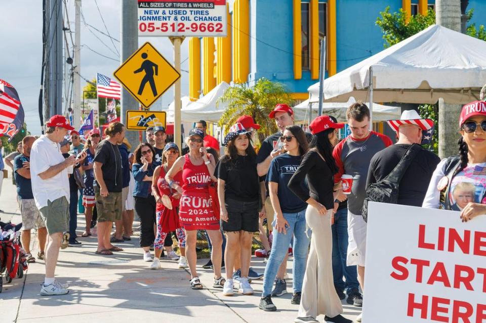 Former President Donald Trump supporters lined up early morning for his late night appearance at the Ted Hendricks Stadium at Henry Milander Park in Hialeah, on Wednesday, November 08, 2023.