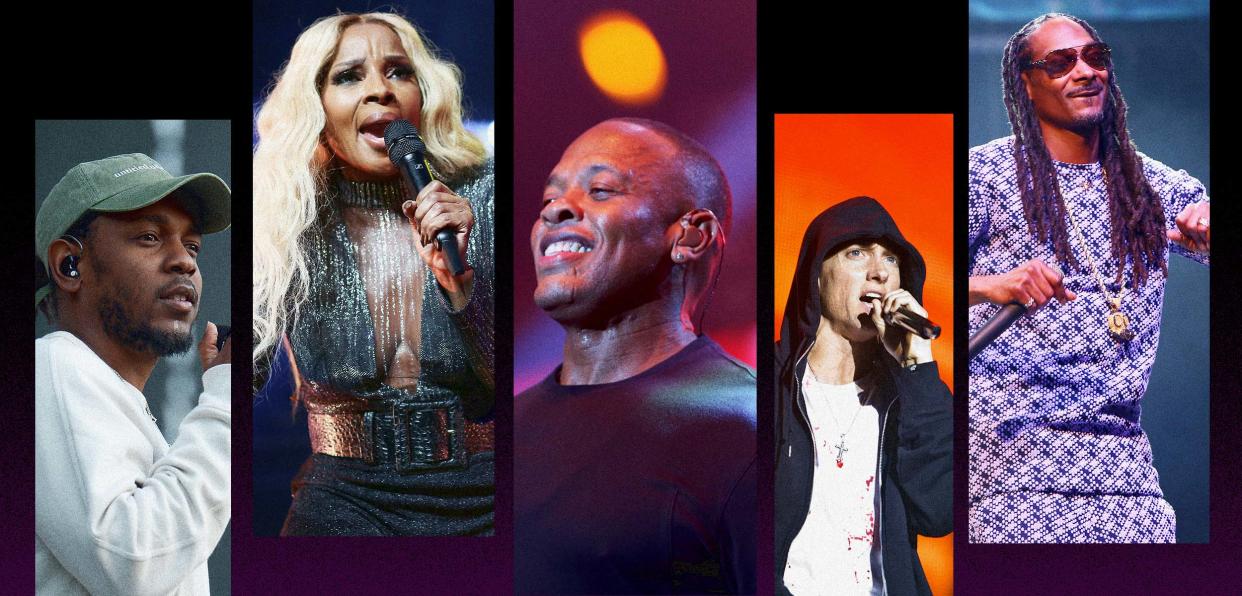 Kendrick Lamar, Mary J. Blige, Dr. Dre, Eminem and Snoop Dogg are starring in a new trailer for the Super Bowl halftime show inspired by their music and their journeys. (TODAY Illustration / Getty Images)