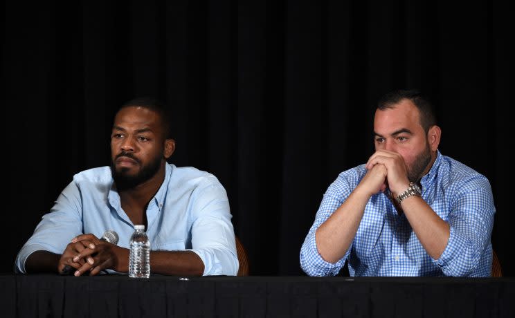 UFC star Jon Jones (L) and manager Malki Kawa at a news conference in Las Vegas Thursday.